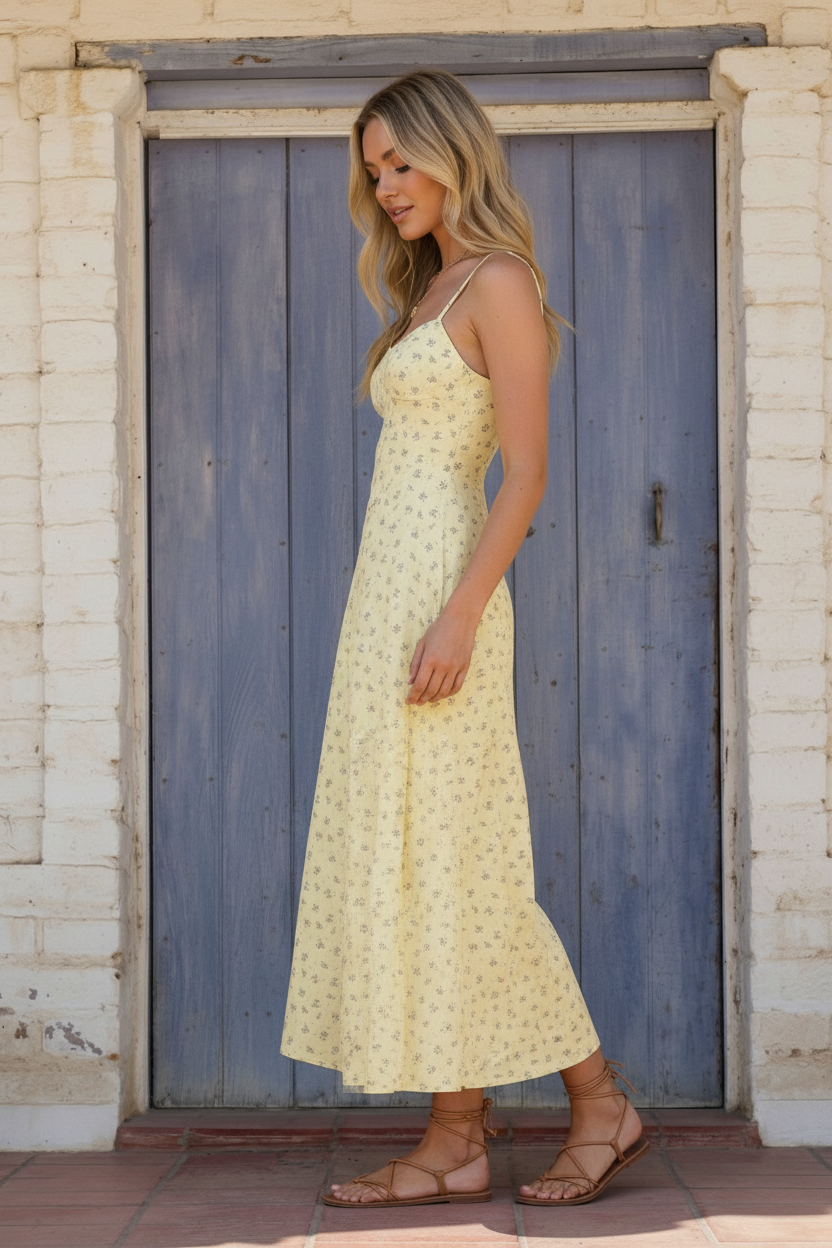 FLORAL A LINE MIDI DRESS, BUTTER