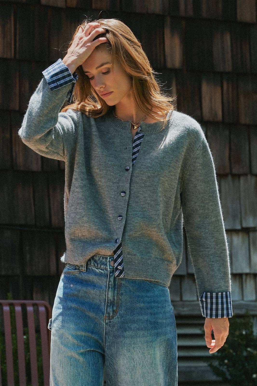 Plaid Trim Cardigan Sweater - Grey