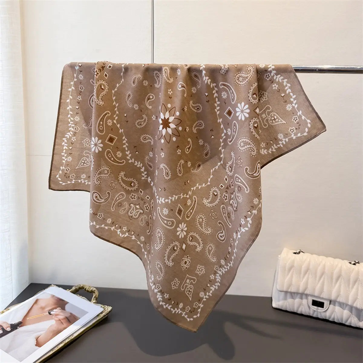 Vintage Paisley Silk Scarf- Light Brown