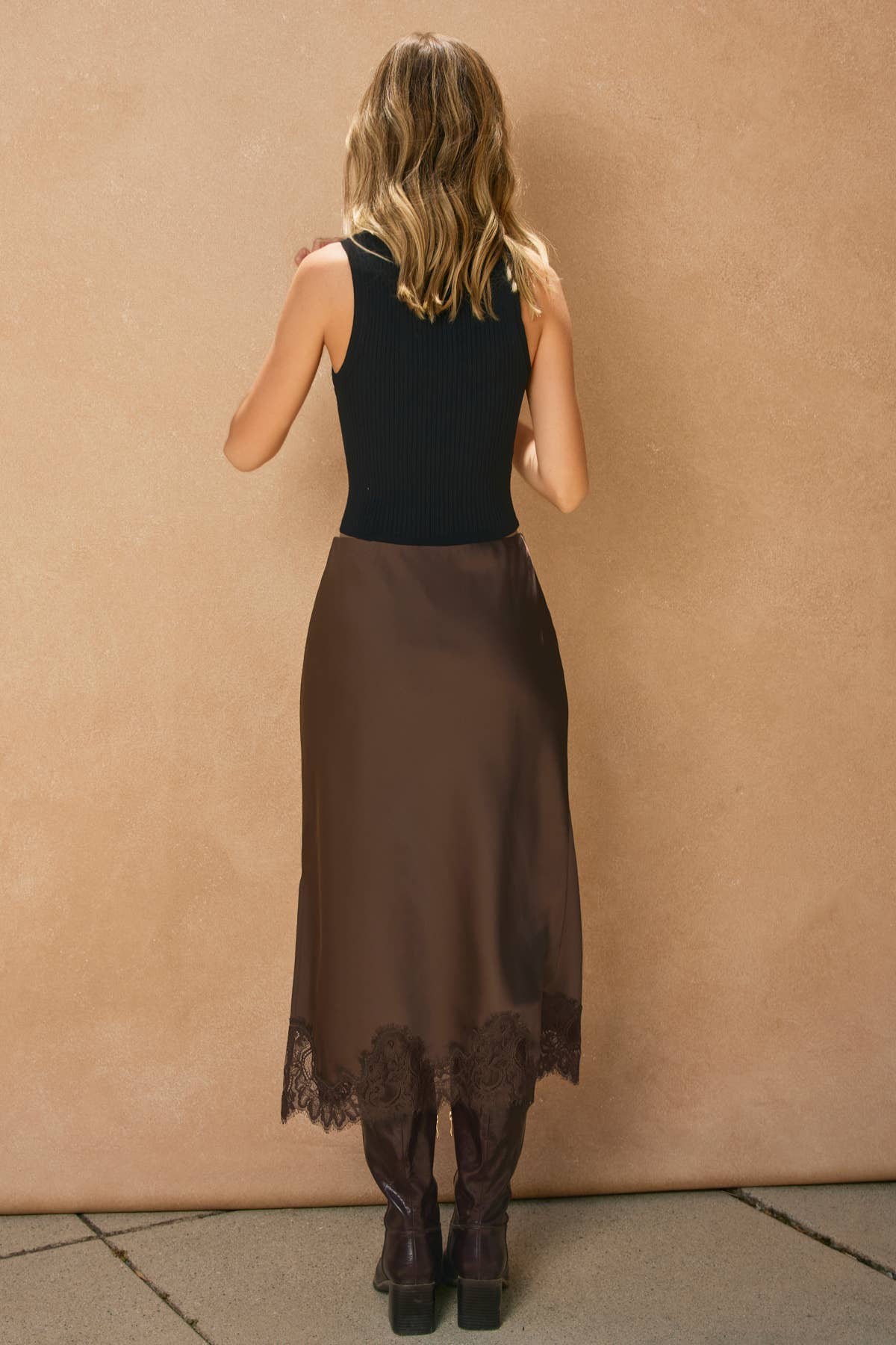Satin Lace Hem Pencil Skirt, Dark Chocolate