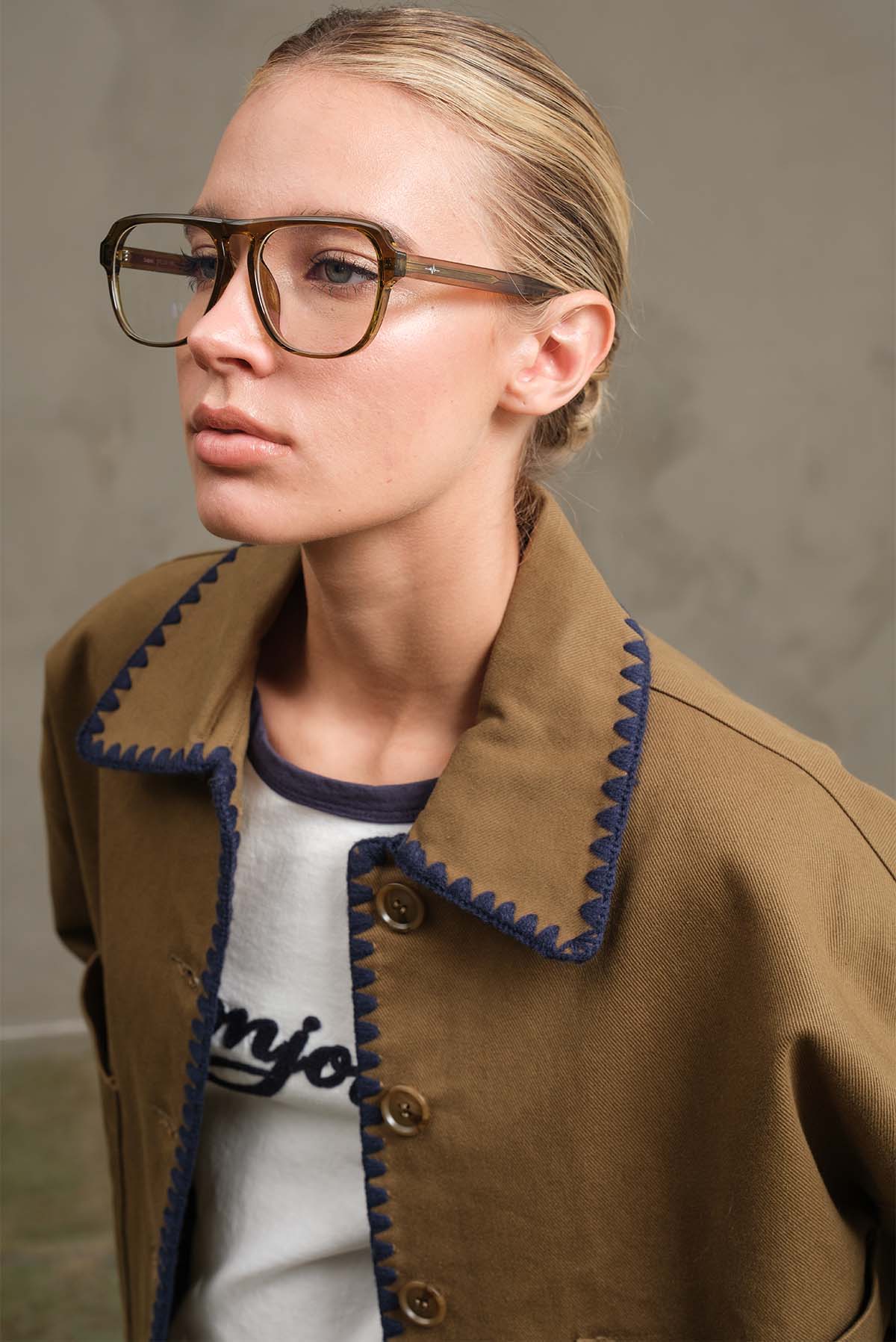 Collar Jacket with Contrast Stitching - RJ1044: OLIVE / S-M-L (3-2-1)