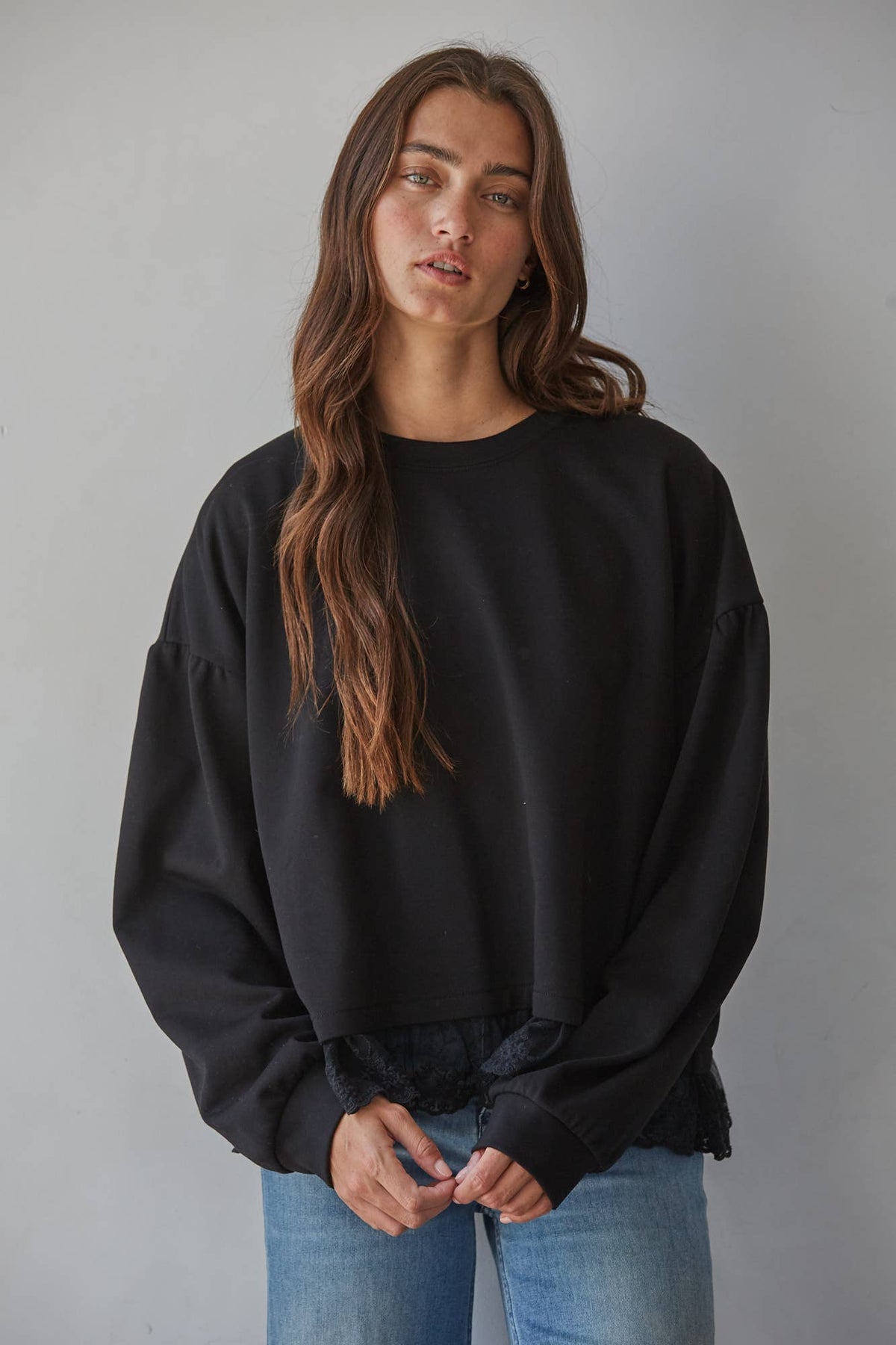 Crew Neck Long Sleeve Pullover with Lace Top - Black