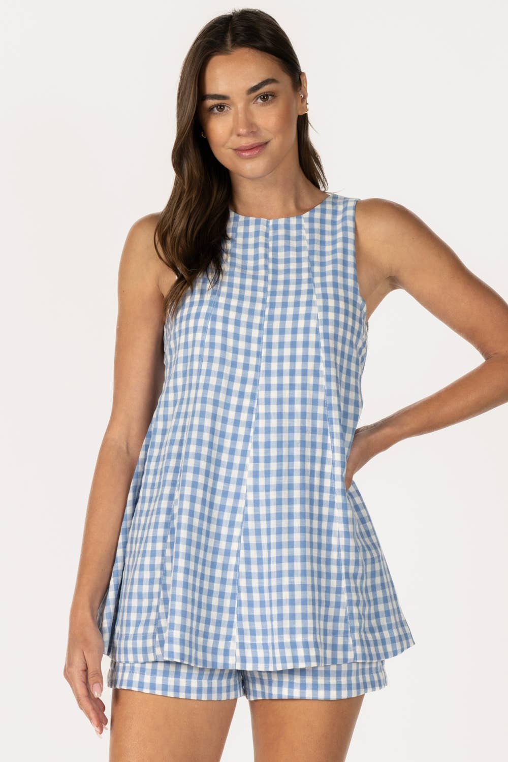 Gingham Sleeveless Romper - Brown