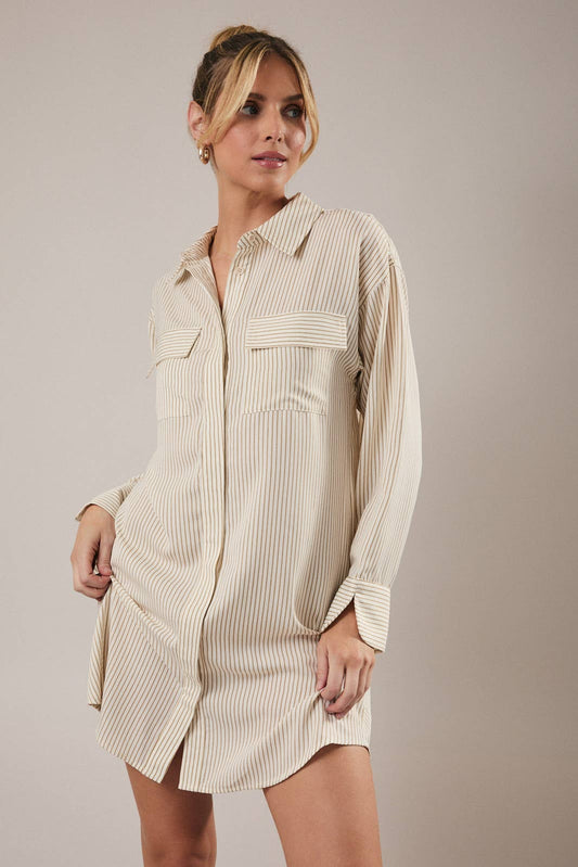 BUTTON DOWN-LONG SLEEVE STRIPE SHIRT DRESS, White and Taupe