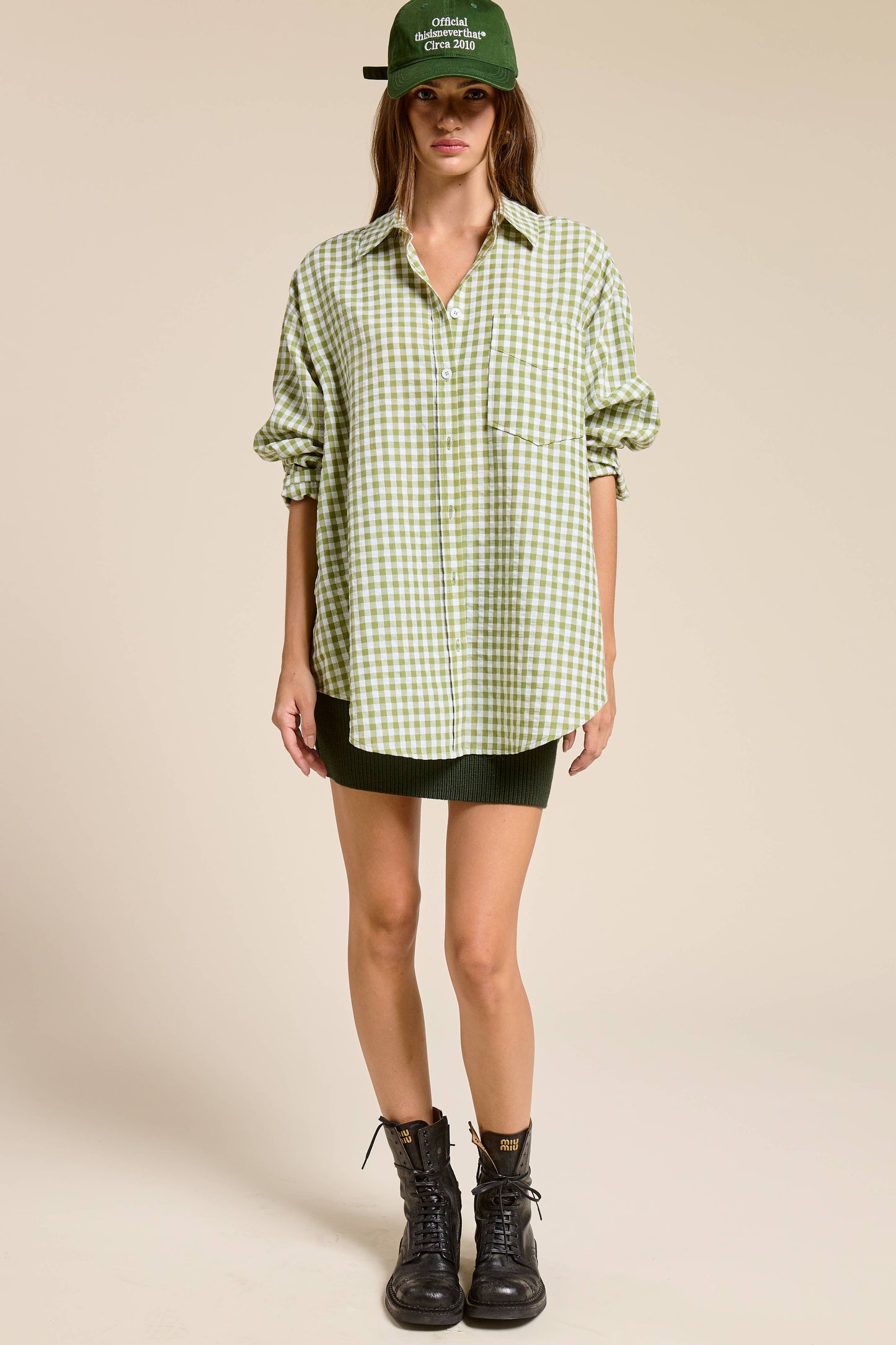 Oversized Gingham Button Down Shirt: Leaf green
