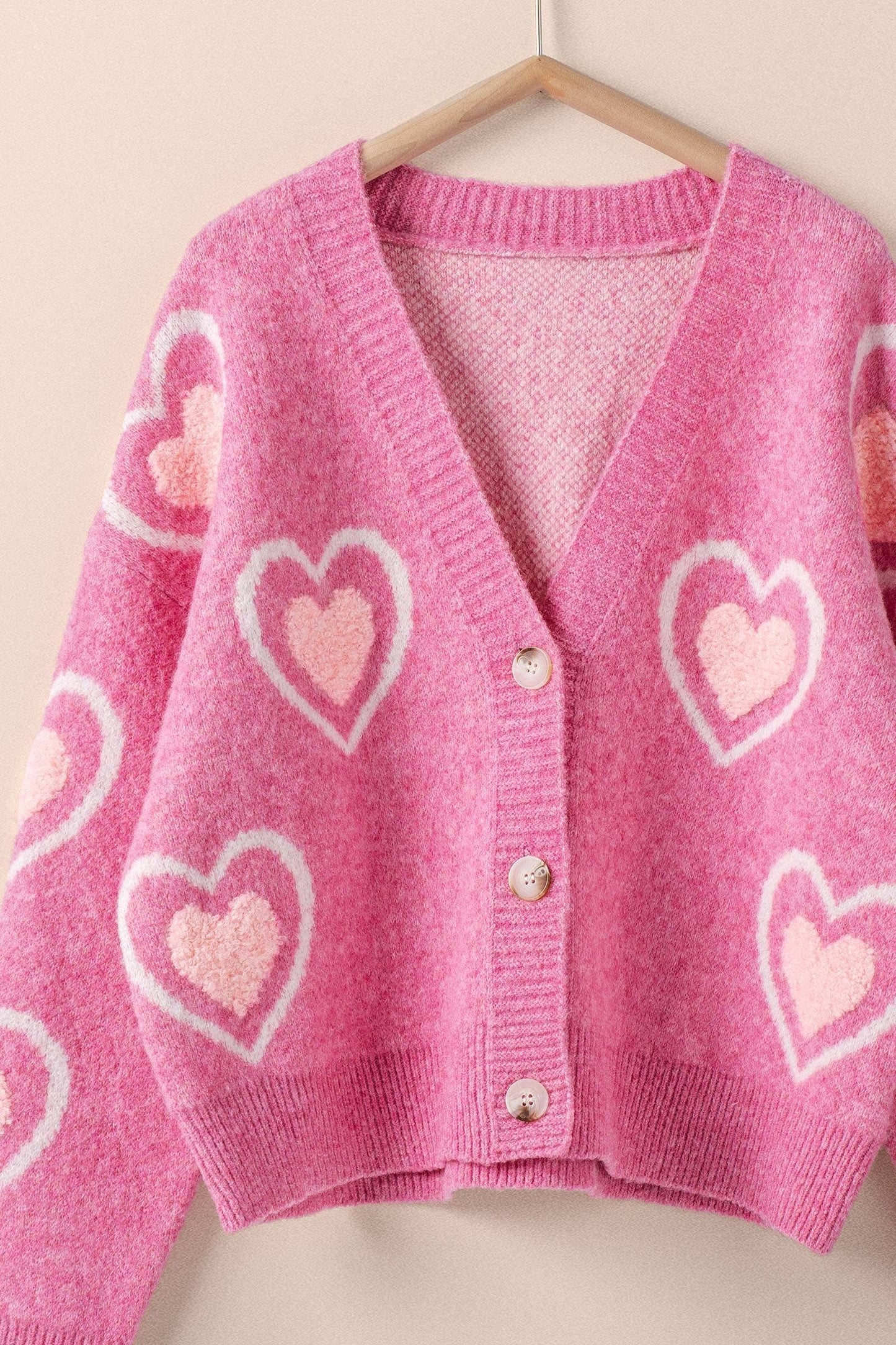 Pink Heart Pattern V-Neck Cardigan: Pink