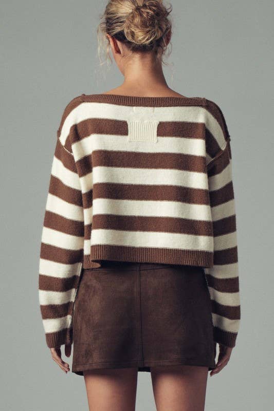Striped Knit Crewneck Sweater, BROWN
