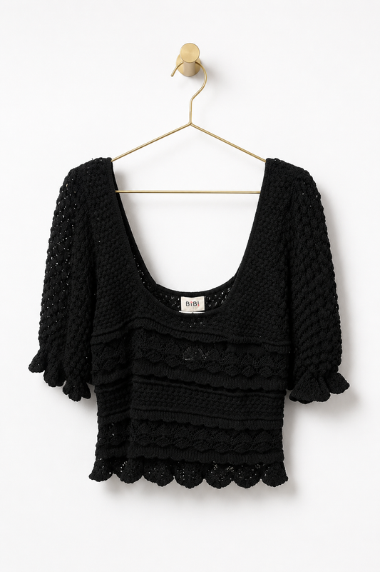Puff Sleeve Crochet Top- Black