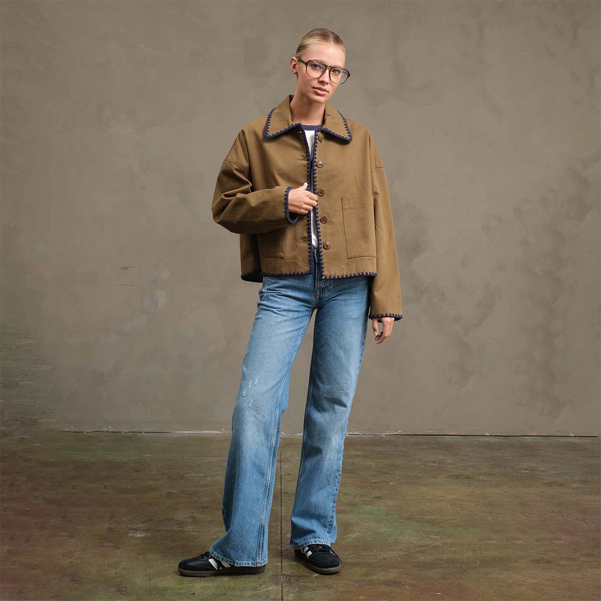 Collar Jacket with Contrast Stitching - RJ1044: OLIVE / S-M-L (3-2-1)