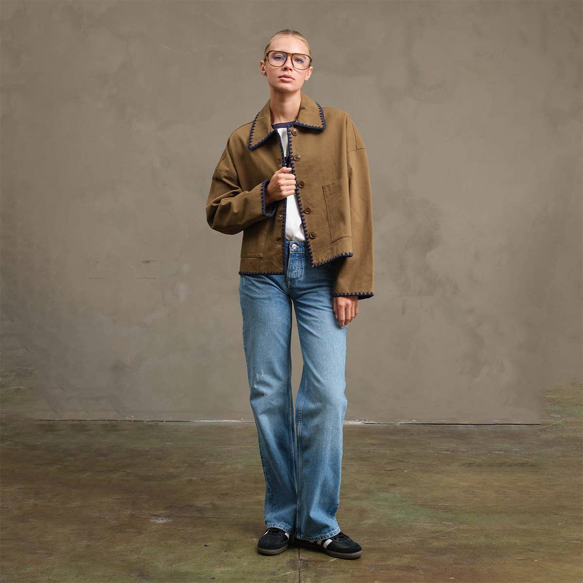 Collar Jacket with Contrast Stitching - RJ1044: OLIVE / S-M-L (3-2-1)