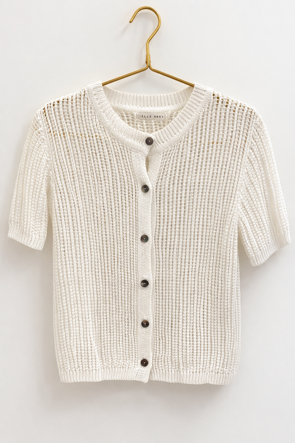Crochet Button Up Short Sleeve Knit Top, Ivory