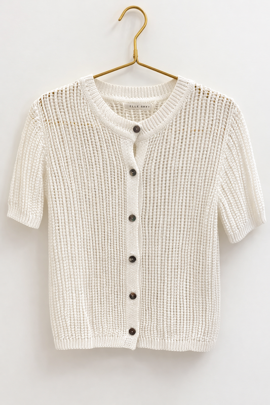 Crochet Button Up Short Sleeve Knit Top, Ivory