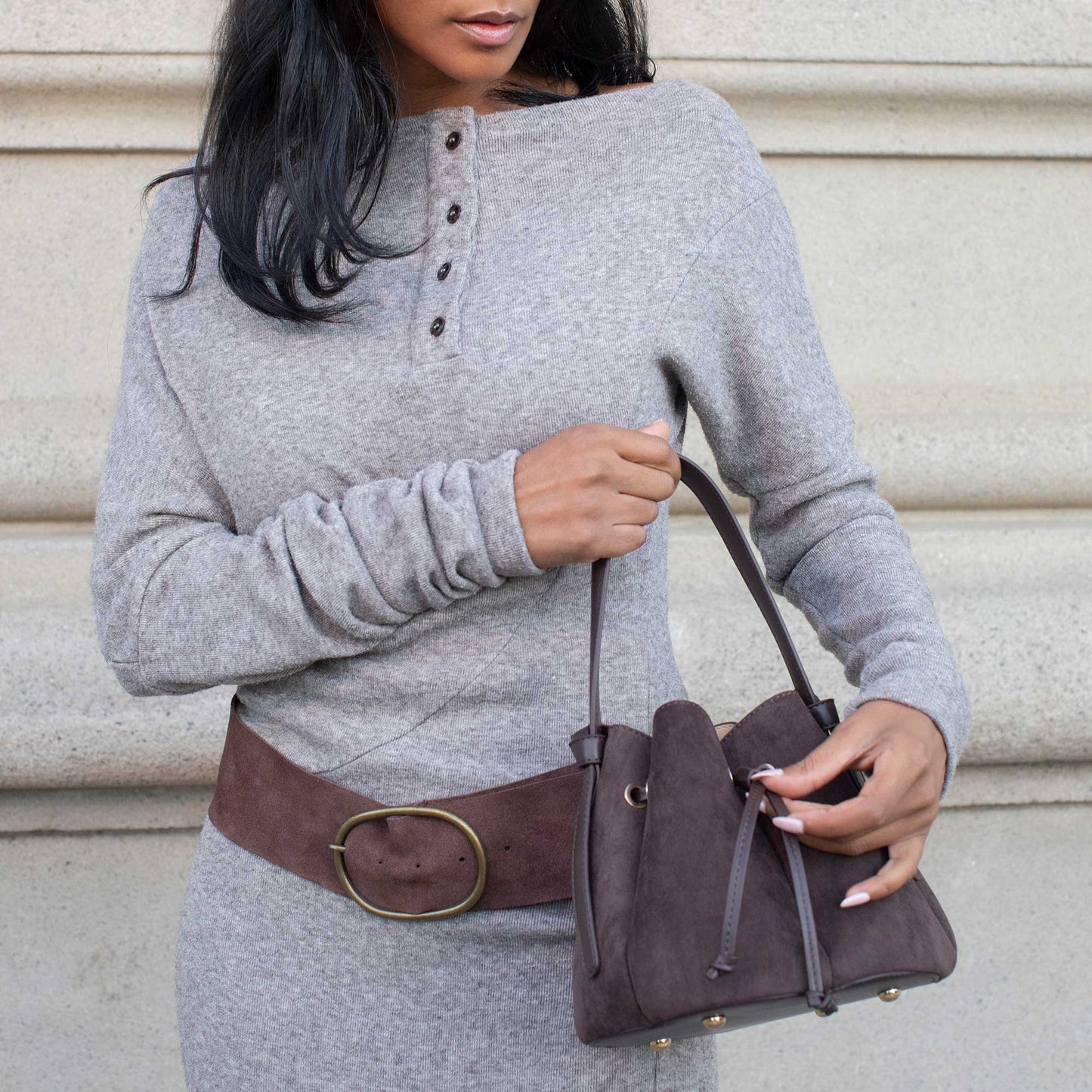 Laguna Mini Vegan Suede Top Handle Bag, Chocolate