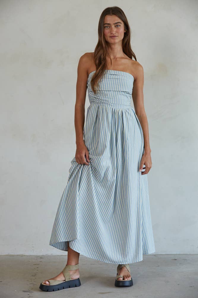 Striped Strapless Maxi Dress: Dusty Blue