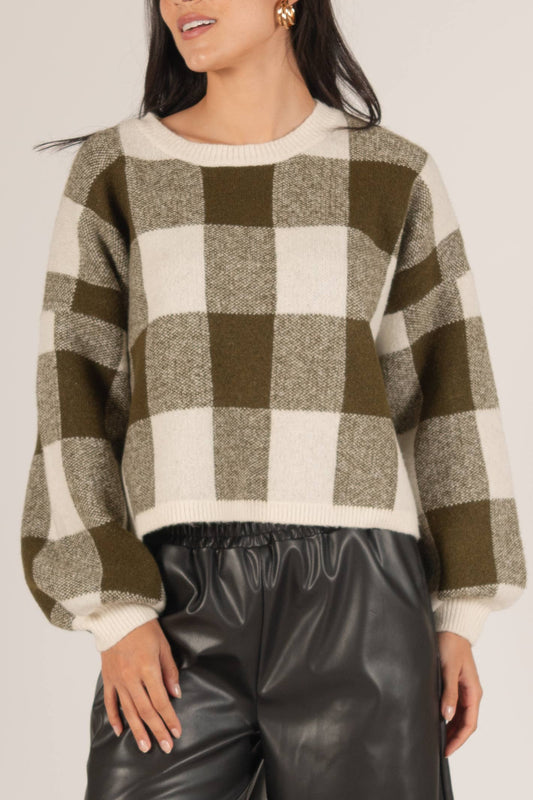 Plaid Oversized Sweater, Olive and Cream