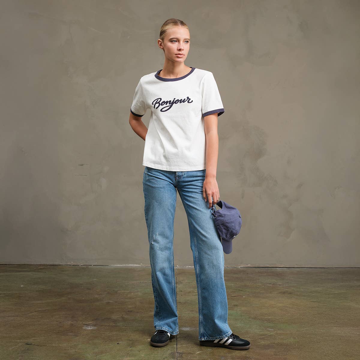 Bonjour Contrast Ringer Tee - RTK1036: WHITE/NAVY / S-M-L (3-2-1)