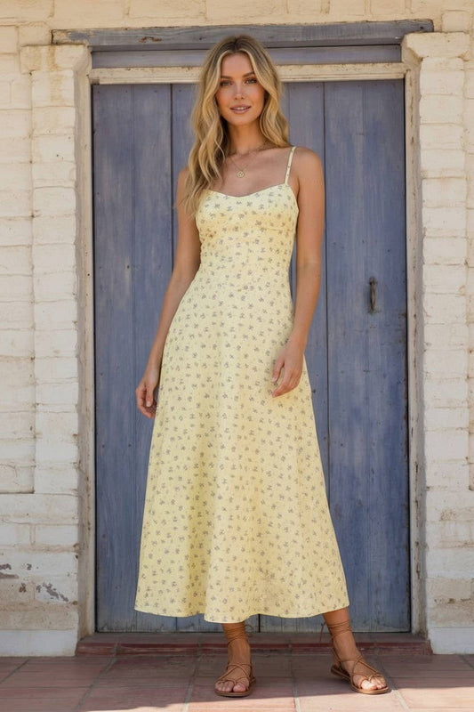 FLORAL A LINE MIDI DRESS, BUTTER