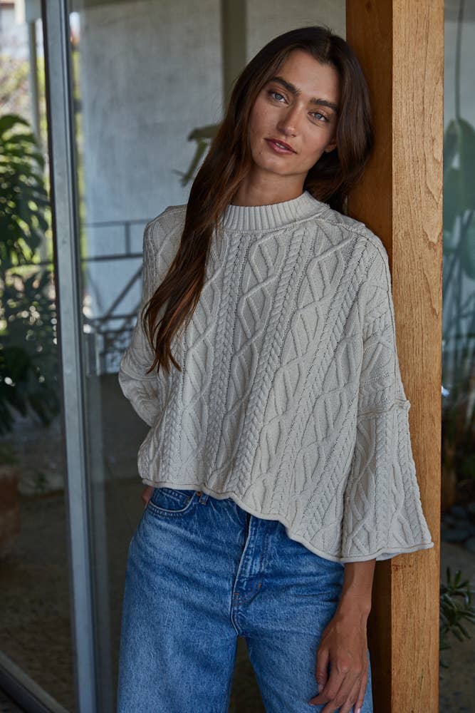 Knit Cable Sweater, 3/4 Sleeve, Natural