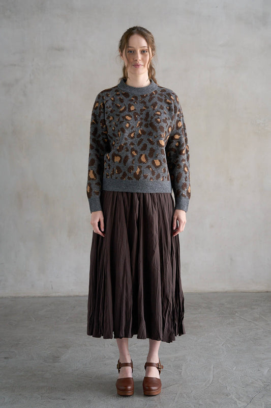 Leopard Crew Neck Sweater, Charcoal Leopard