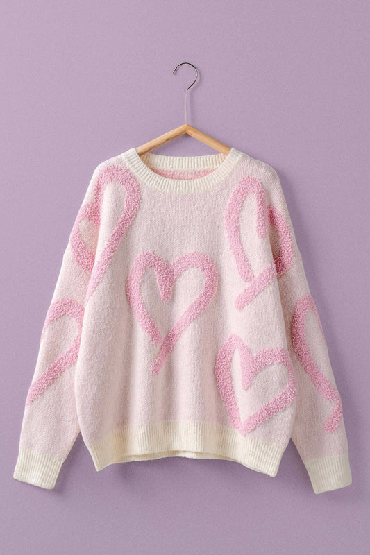 Textured Heart Crew Neck Pullover: IVORY
