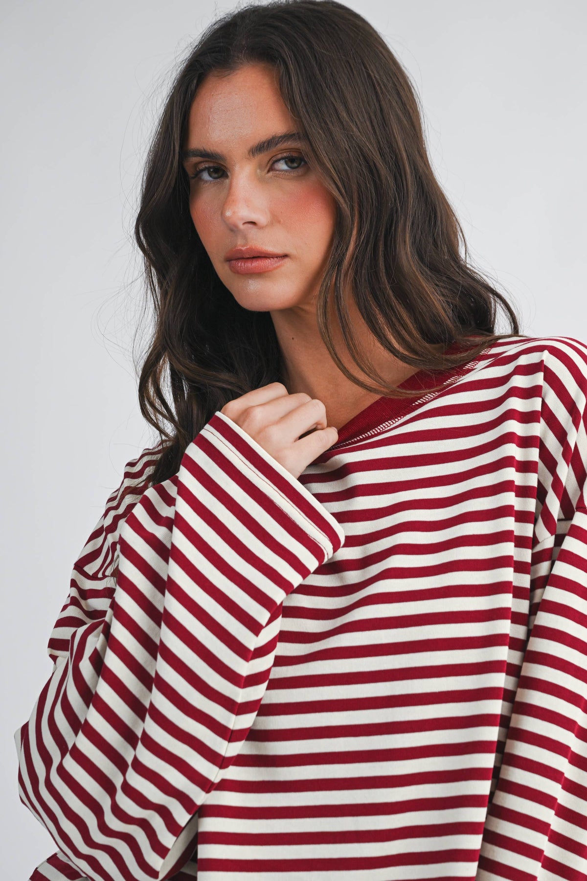 Oversized Stripe Long Sleeve Top - Red and White