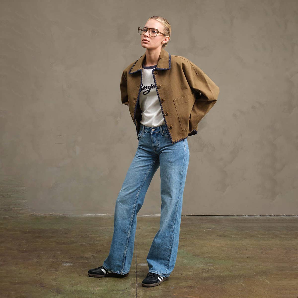 Collar Jacket with Contrast Stitching - RJ1044: OLIVE / S-M-L (3-2-1)