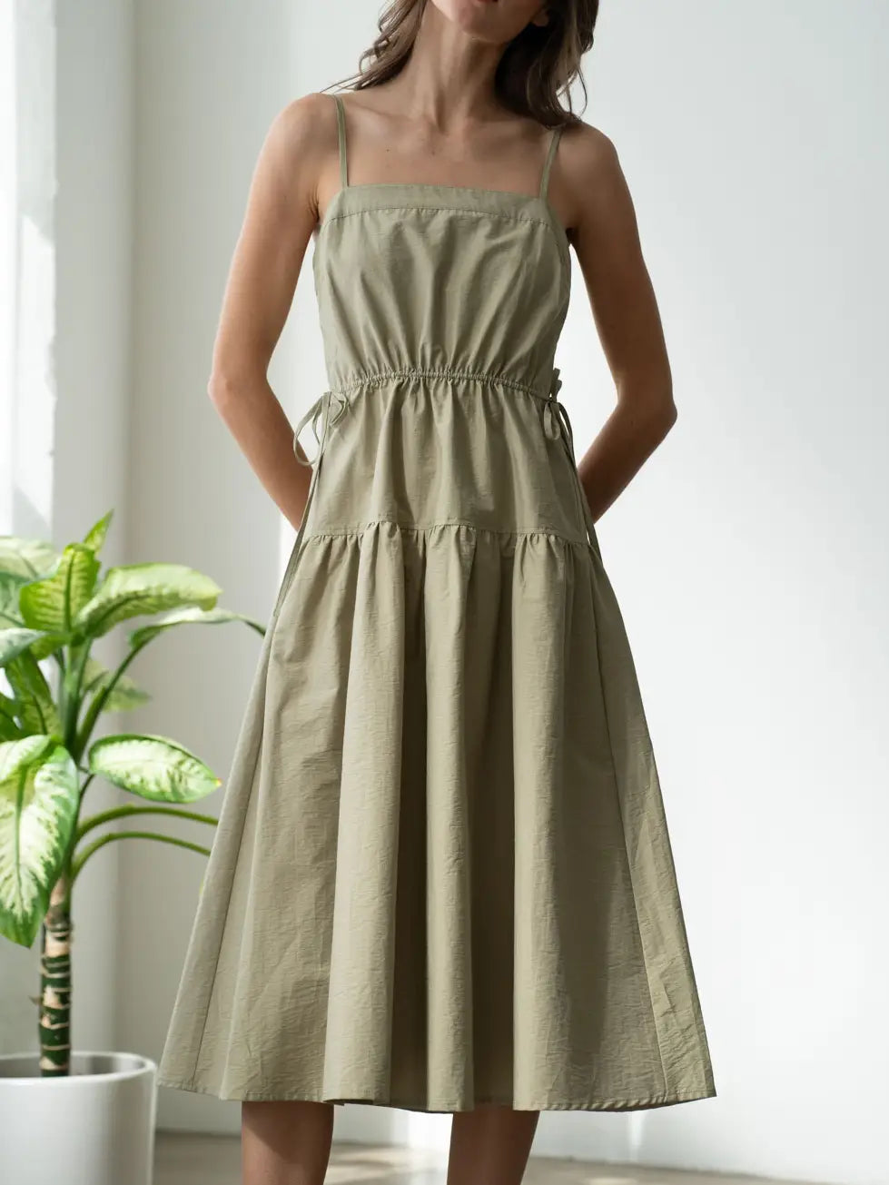 Sleeveless Elasticized Tiered Dress- Olive