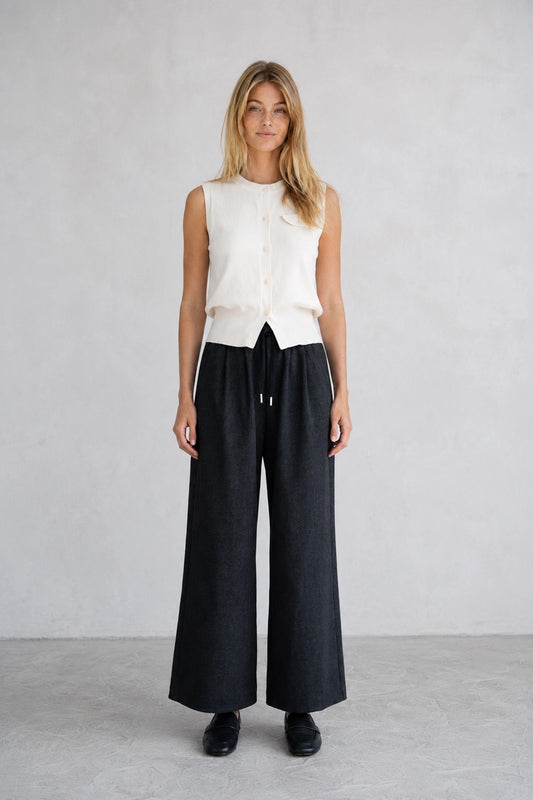 Charcoal Wool Wide Leg Pants