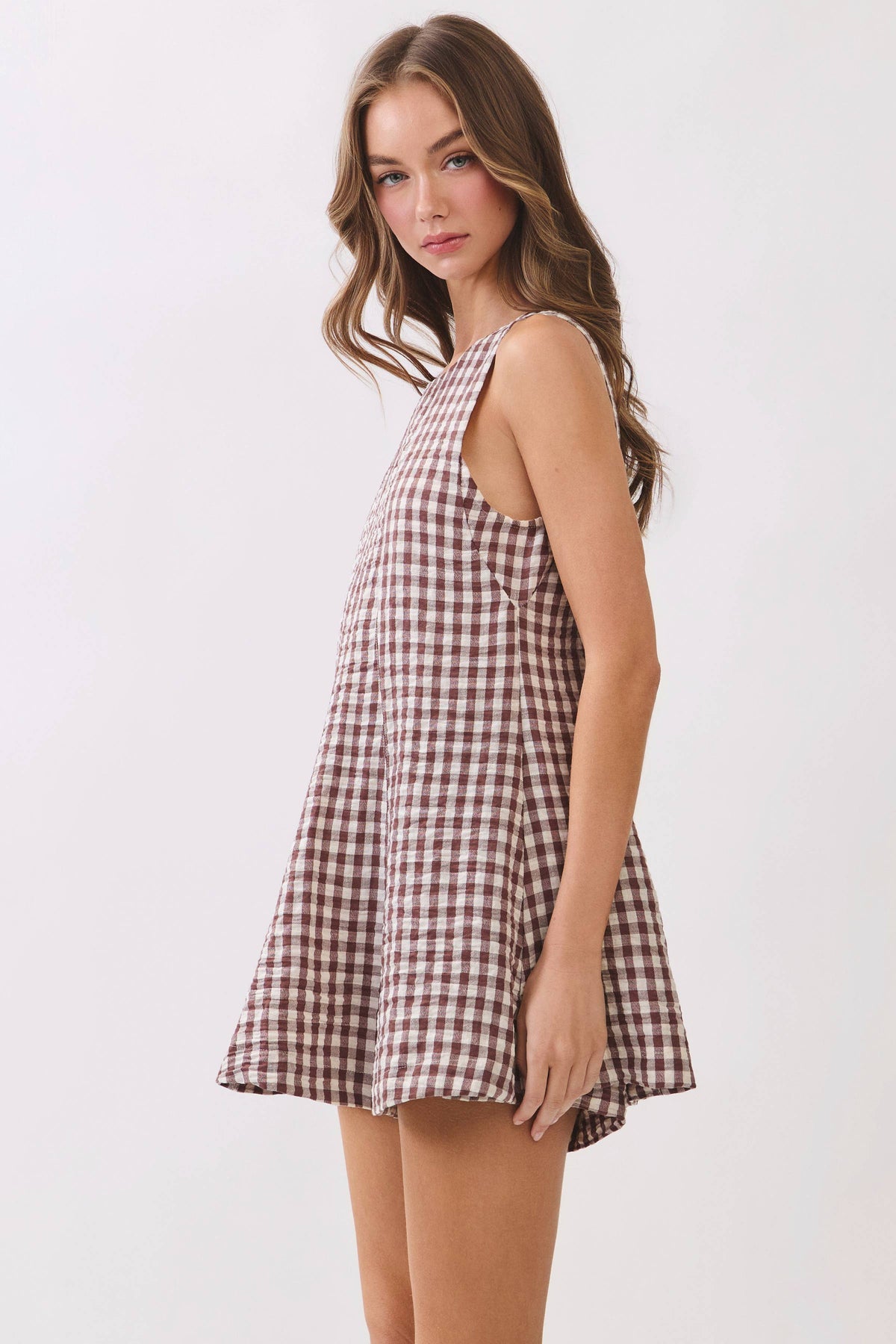 Gingham Sleeveless Romper - Brown