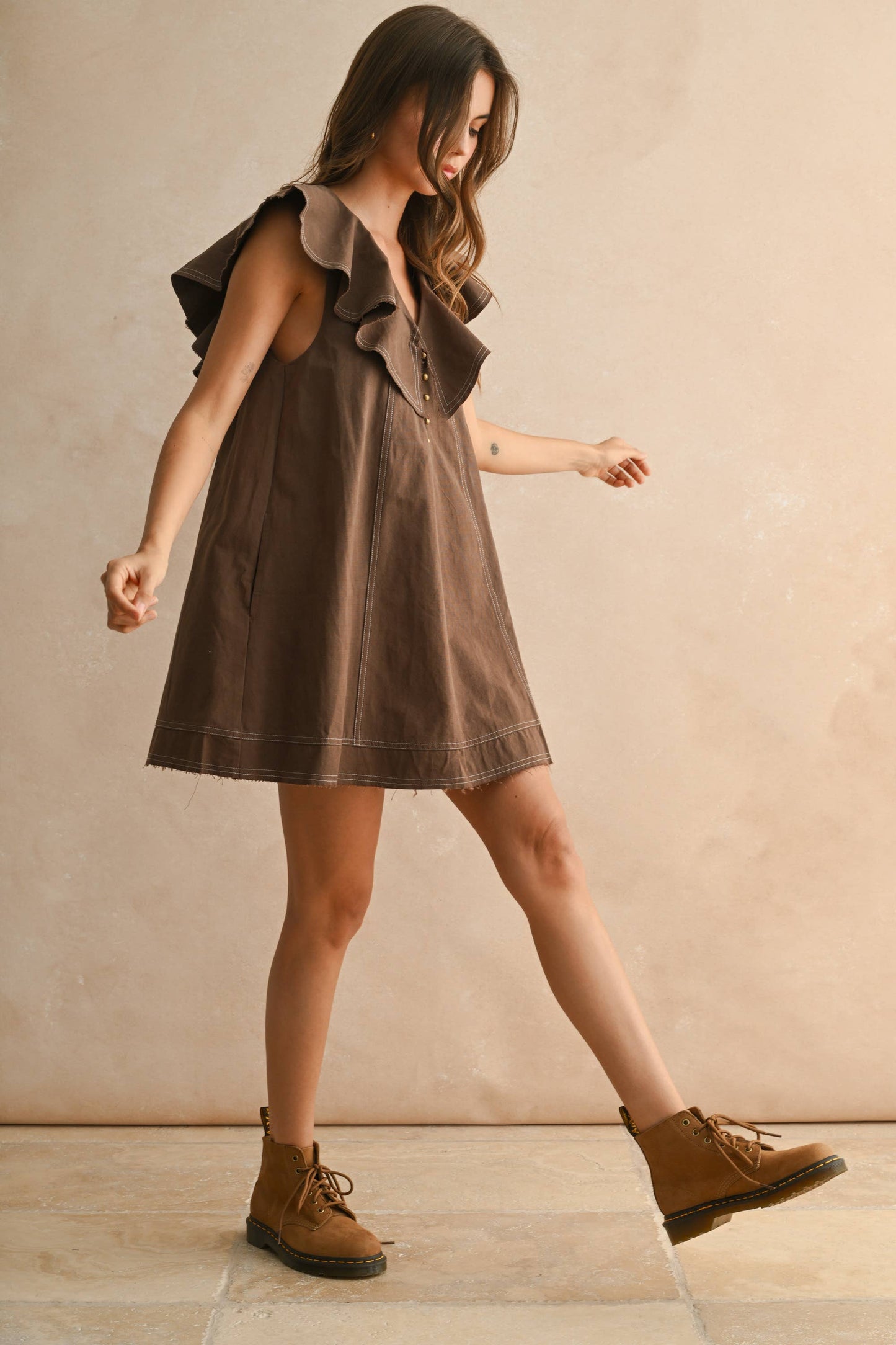 Ruffled Collar Woven Dress, Brown