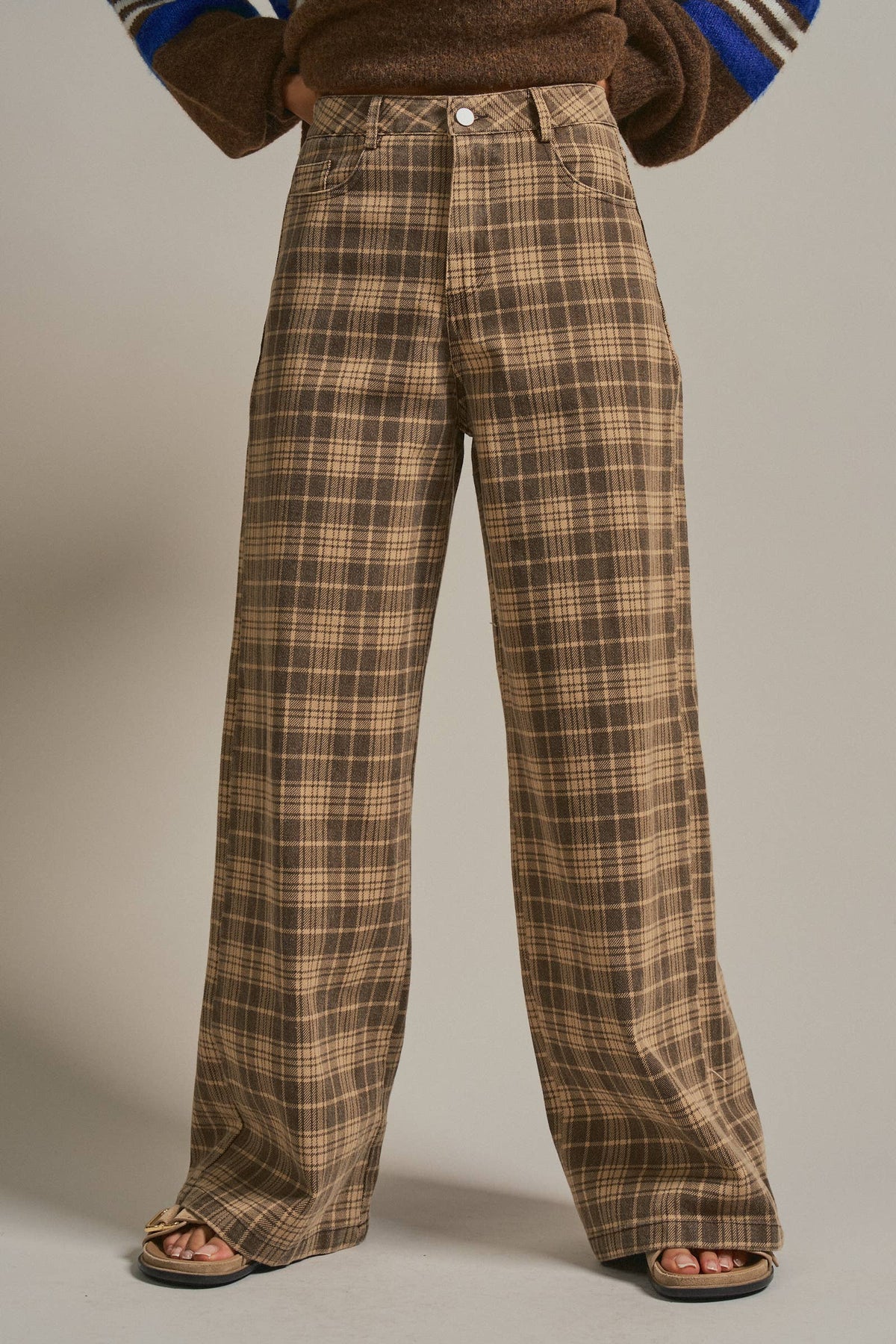 Glen Plaid Wide Leg Pants - Brown