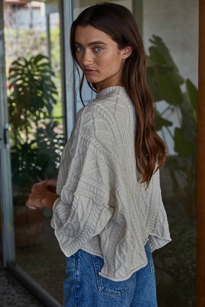Knit Cable Sweater, 3/4 Sleeve, Natural