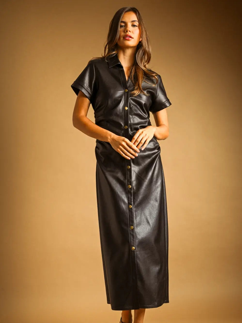 Faux Leather Button Down Dress - Black