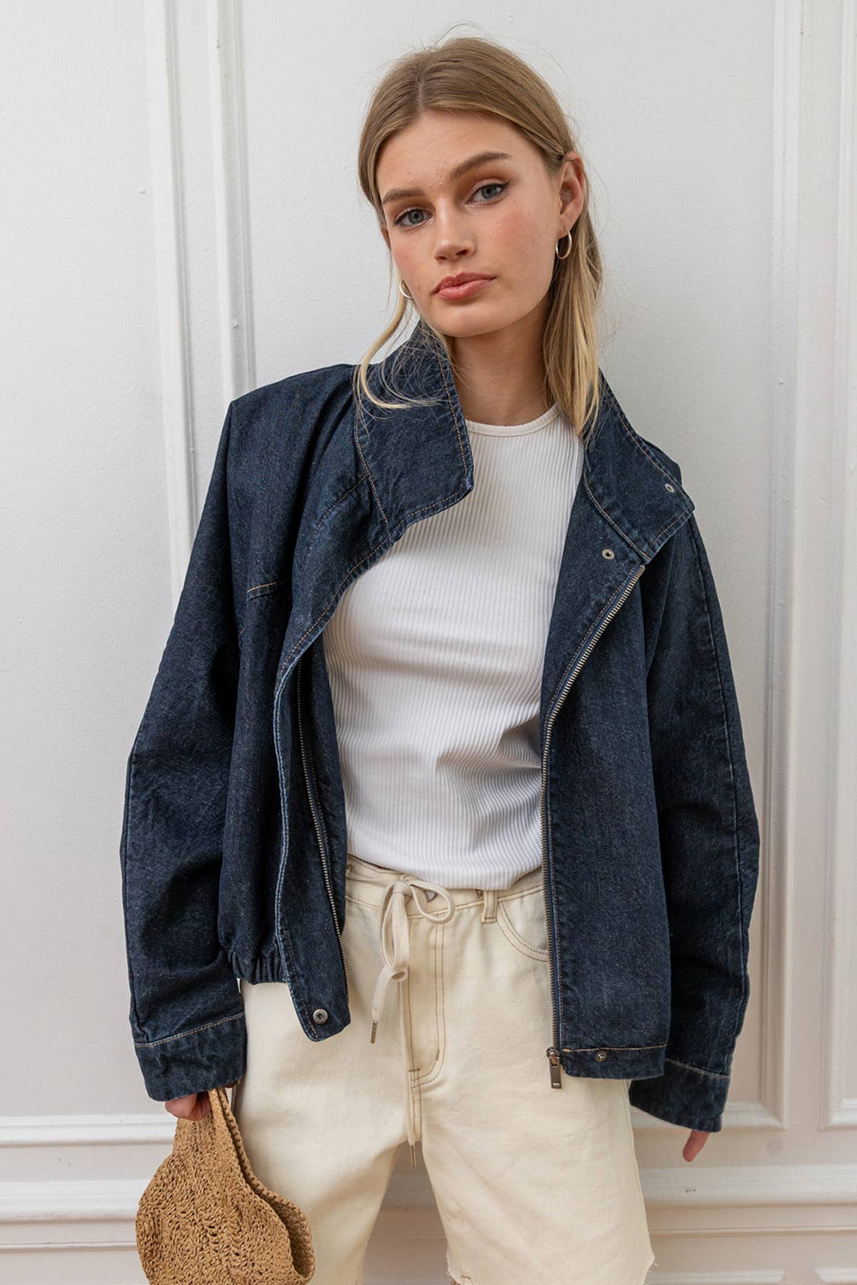 High Neck Denim Jacket - Dark Denim