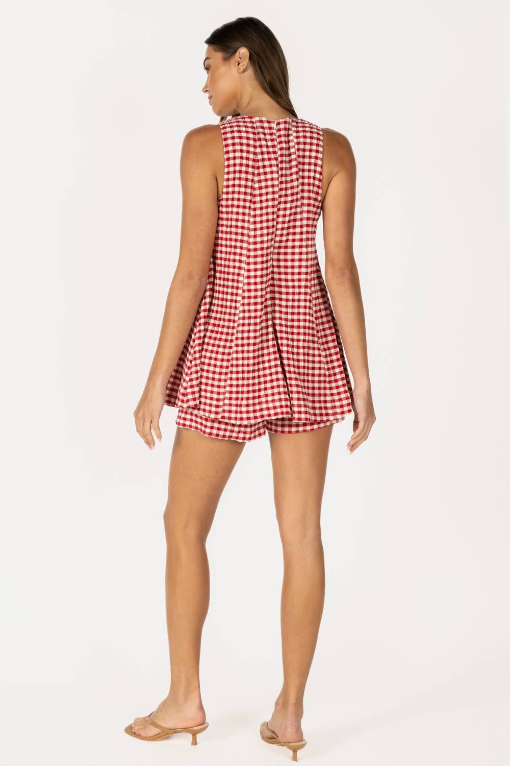 Gingham Sleeveless Romper - Brown