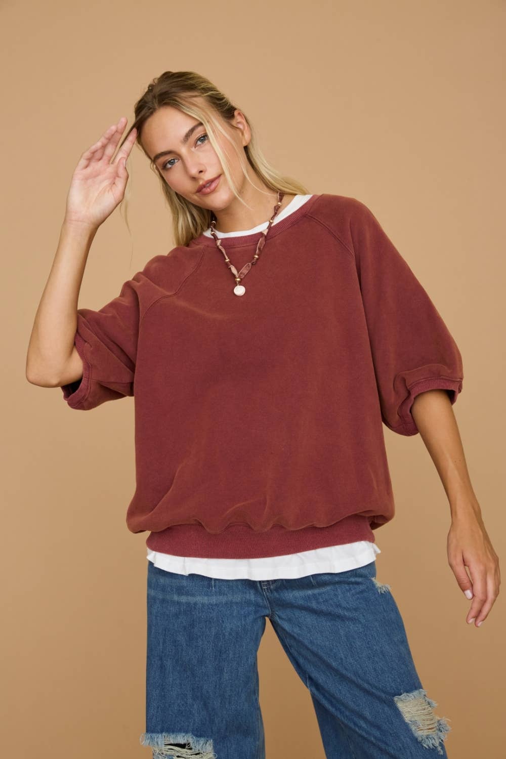 Washed Puff Sleeve Sweatshirt - Burgundy