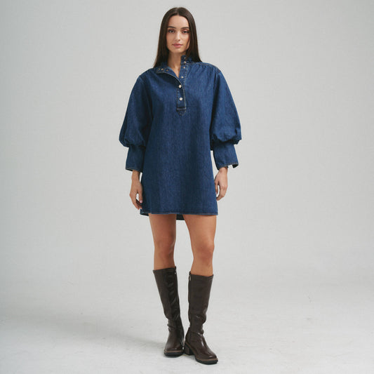 Quarter Sleeve Denim Dress - Dark Denim