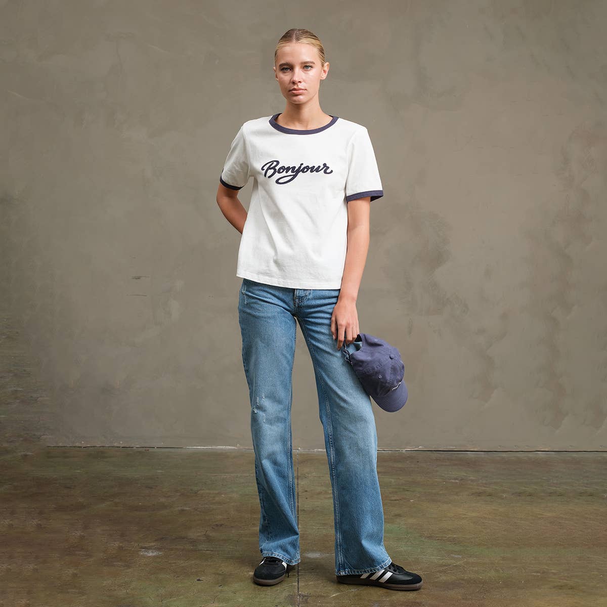 Bonjour Contrast Ringer Tee - RTK1036: WHITE/NAVY / S-M-L (3-2-1)