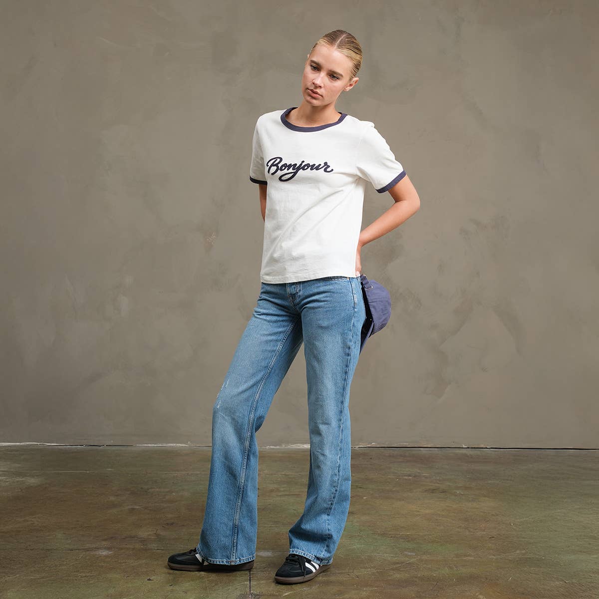 Bonjour Contrast Ringer Tee - RTK1036: WHITE/NAVY / S-M-L (3-2-1)