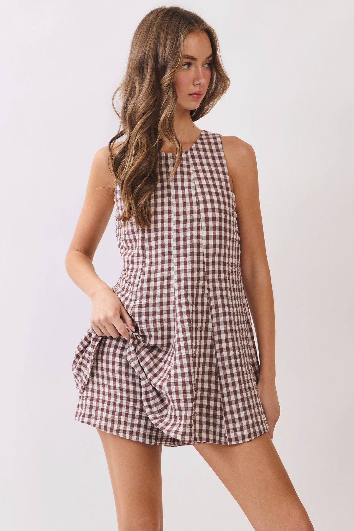 Gingham Sleeveless Romper - Brown