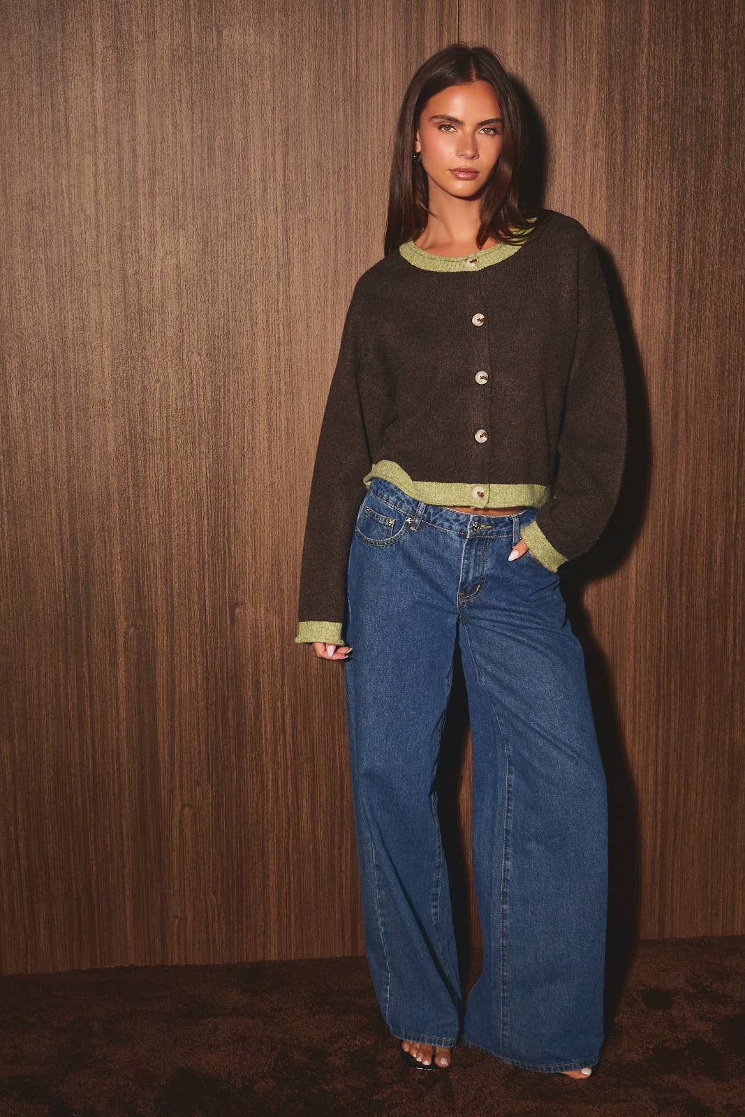 Contrast Trim Cardigan Sweater - Chocolate & Chartreuse
