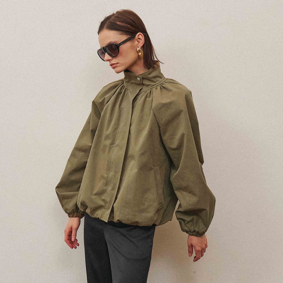 High Neck Gathered Jacket - Light Olive