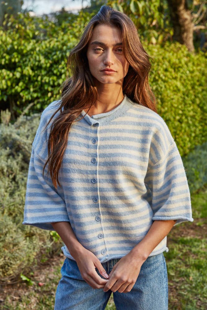 Knit Sweater Striped Quarter Sleeve Cardigan, Taupe and Cream