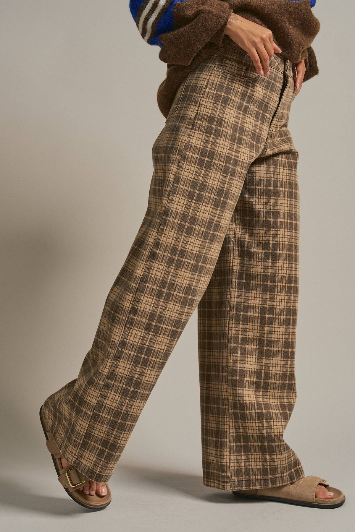 Glen Plaid Wide Leg Pants - Brown