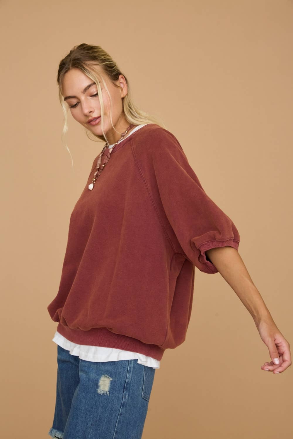 Washed Puff Sleeve Sweatshirt - Burgundy