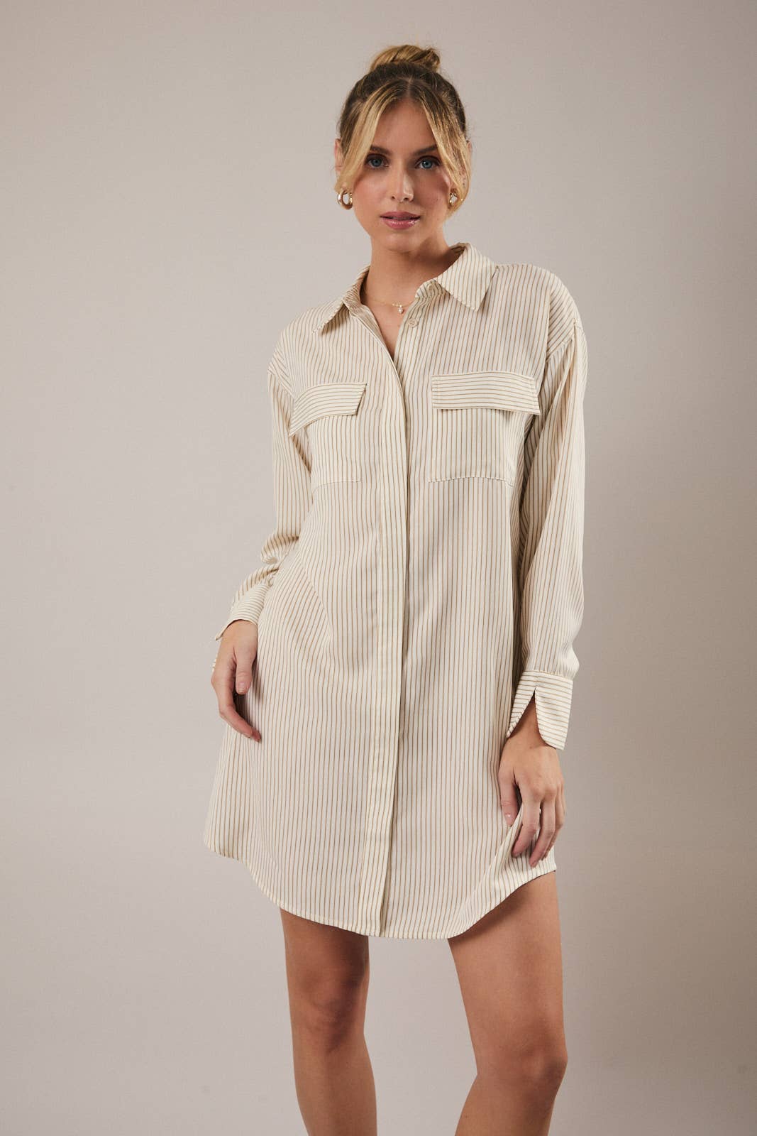 BUTTON DOWN-LONG SLEEVE STRIPE SHIRT DRESS, White and Taupe