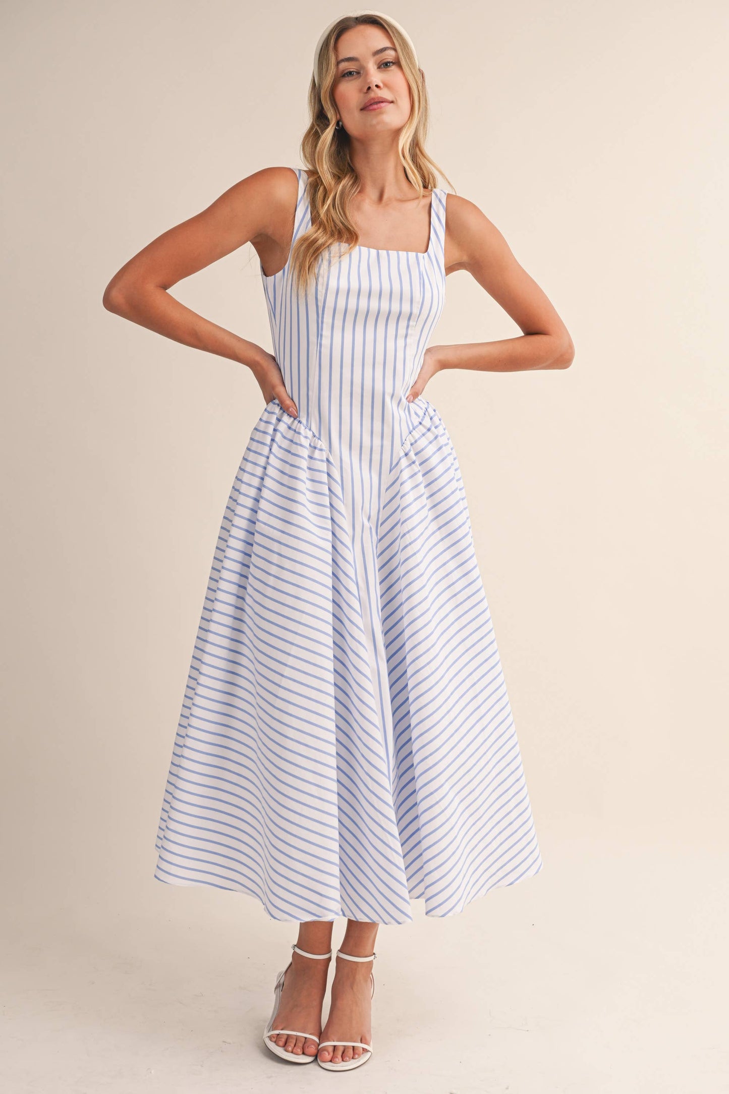 ID9896 STRIPED SLEEVELESS SIDE GATHERED FLARED MIDI DRESS: Blue / L