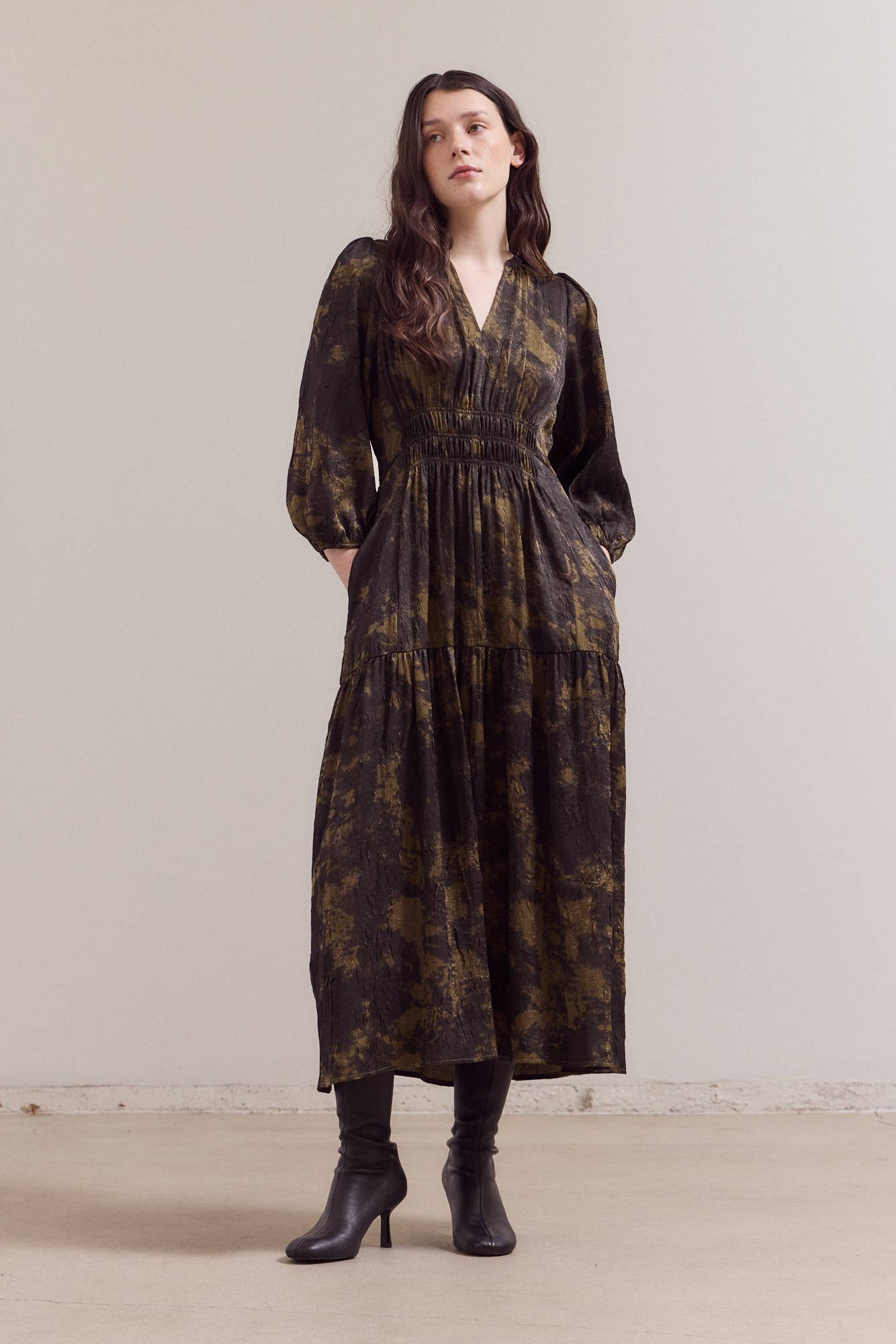 3/4 Sleeve Midi Dress: Tapenade