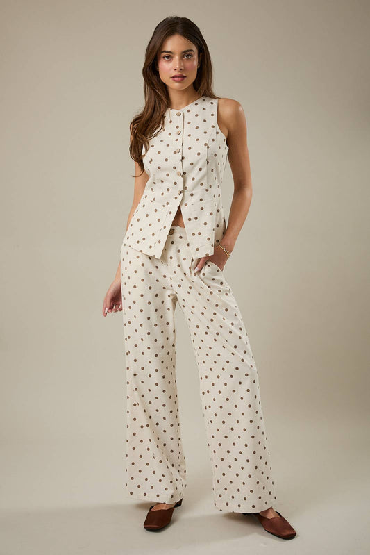 Hight Waist Straight Pant, Oatmeal and Mocha Polka Dot