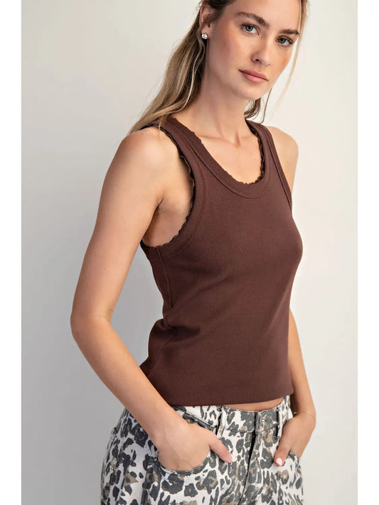 Lace Ribbed Everyday Tank, Chocolate